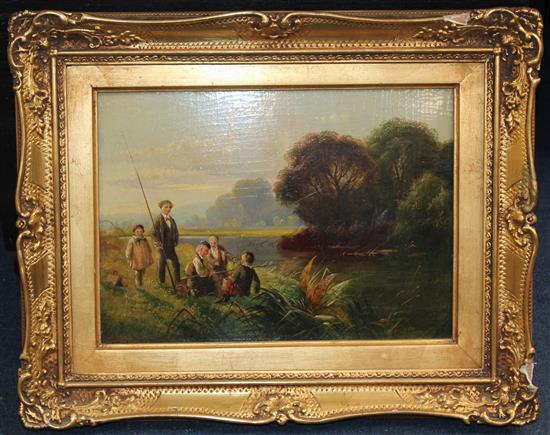 Edwin Henry Boddington (1836-1905) River scene with boys fishing, 10 x 13.5in.